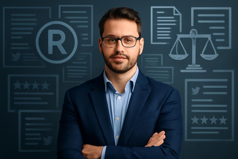 Business owner standing before a digital display of trademark certificates, customer reviews, and legal icons symbolizing Apex trademark complexities.