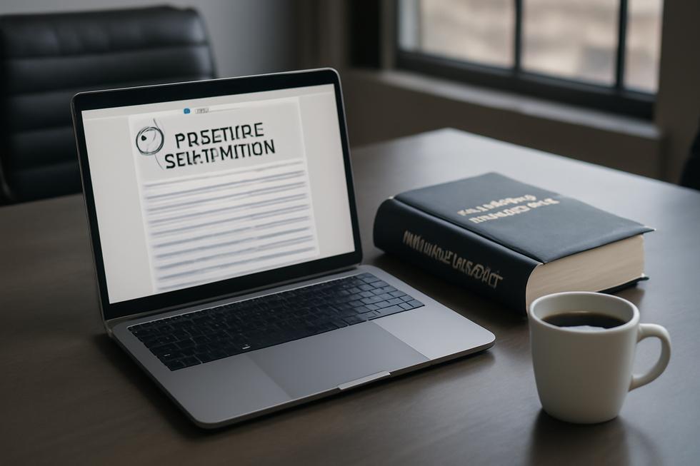 A modern business meeting table with a laptop showing trademark forms and an intellectual property legal book.