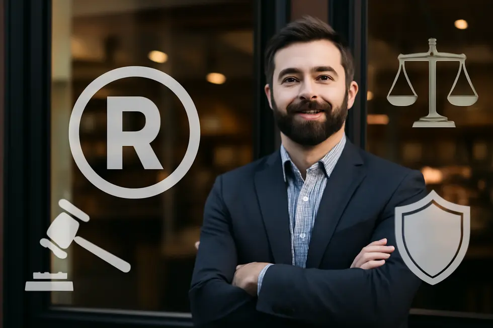 A business owner examines trademark legal documents highlighting the decision on trademarking a logo.