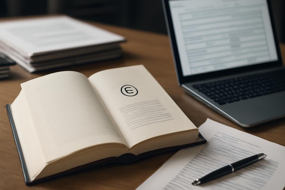 An open book showing its copyright notice on a desk with copyright registration papers and a laptop, illustrating business IP protection.