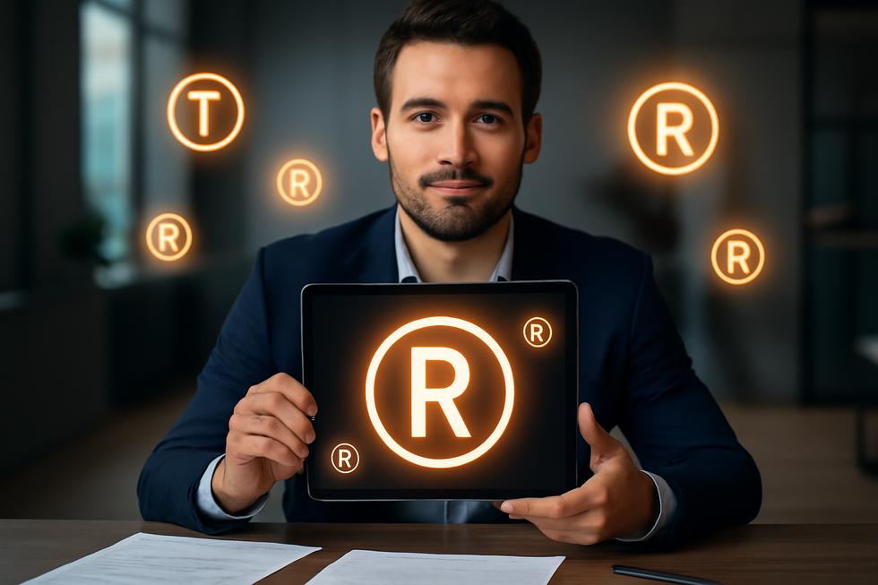 Business owner holding a tablet displaying a brand logo with trademark symbols and legal papers, symbolizing trademark protection and brand value.