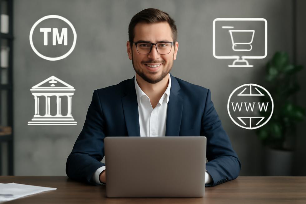 Confident entrepreneur with laptop, surrounded by trademark symbols, business registration, domain and e-commerce icons.