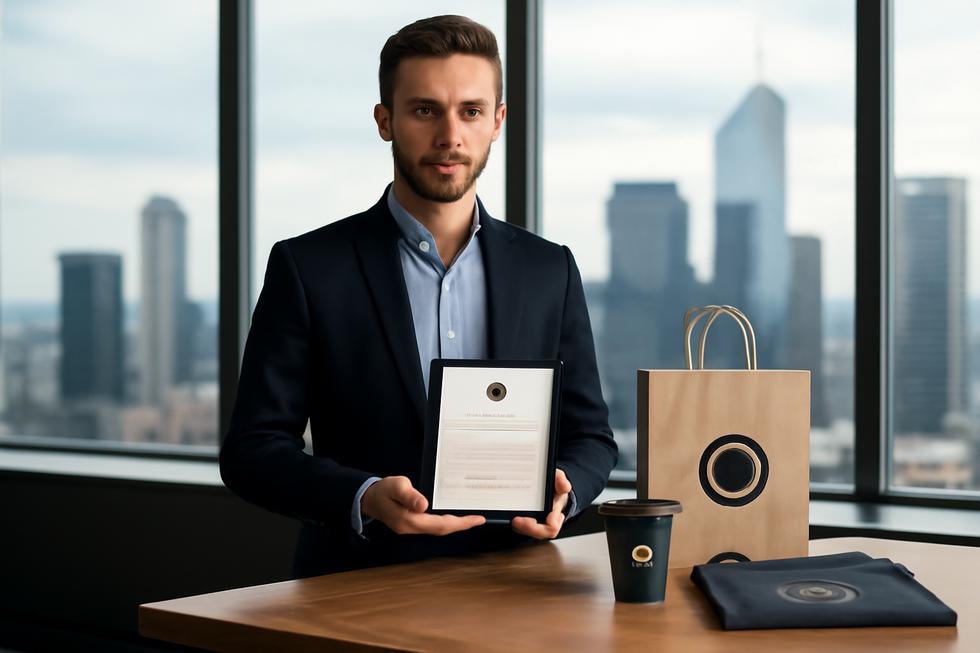Business owner holding a tablet with trademark certificate near branded products, city skyline background.