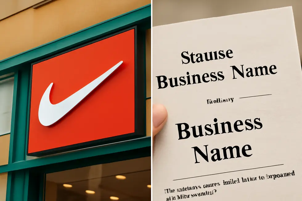 Visual contrasting of a brand name with public appeal and a legally registered business name.