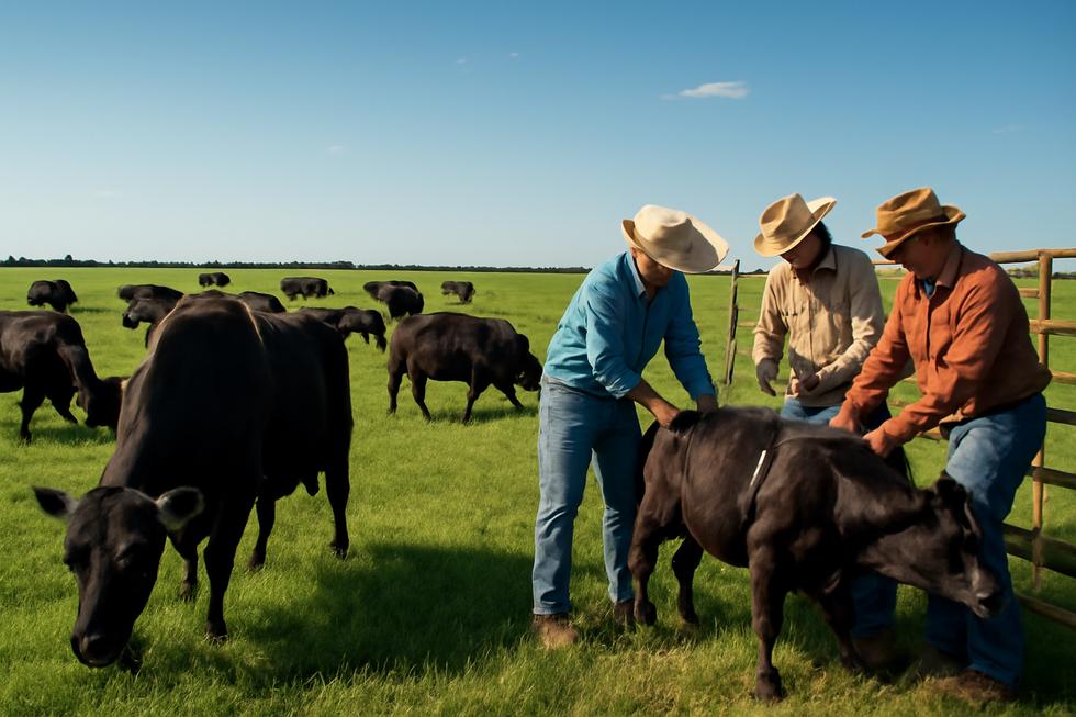 Wide view of Angus cattle grazing on a ranch with workers branding cattle using irons under a clear blue sky.