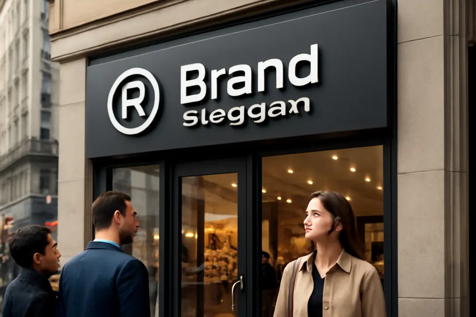 Visual comparison of copyright protecting creative works and trademarks safeguarding business names and logos.