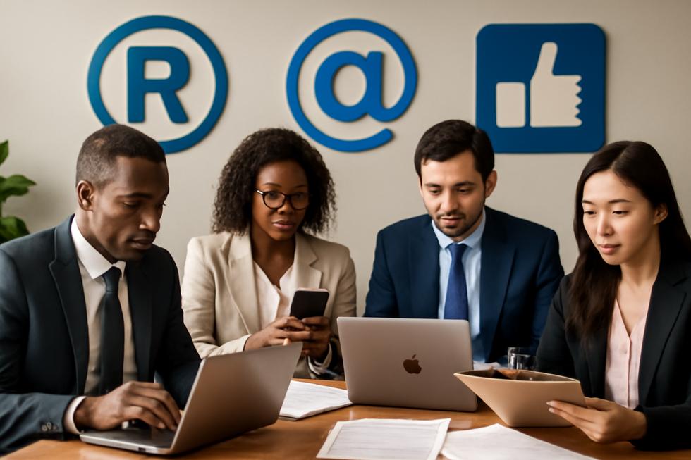 Diverse group of business owners collaborating with legal documents and digital devices to brand and protect their name in the USA.