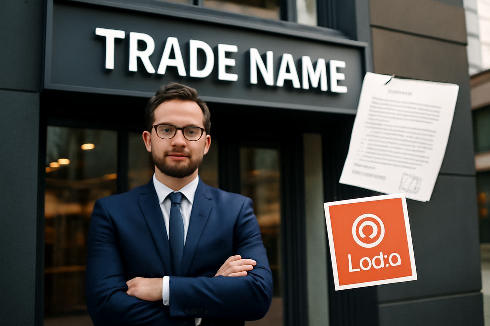 Business owner in front of a storefront displaying the trade name with surrounding legal and branding imagery.