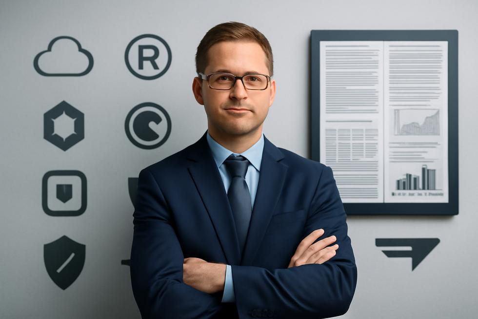 Business owner in front of a display of brand logos, trademark symbols, and digital legal data illustrating brand and trademark protection.