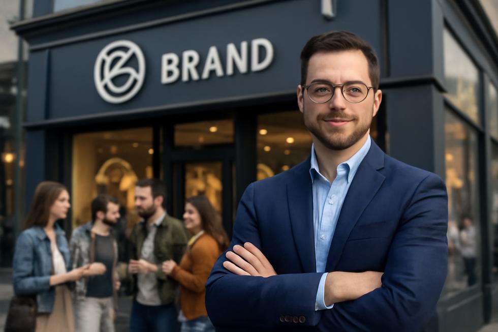 Business owner in front of storefront with registered trademark ® symbol and visible brand name and logo.