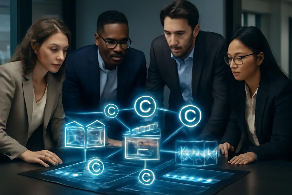 Business team working around table displaying digital books, movies, and music content with copyright icons.