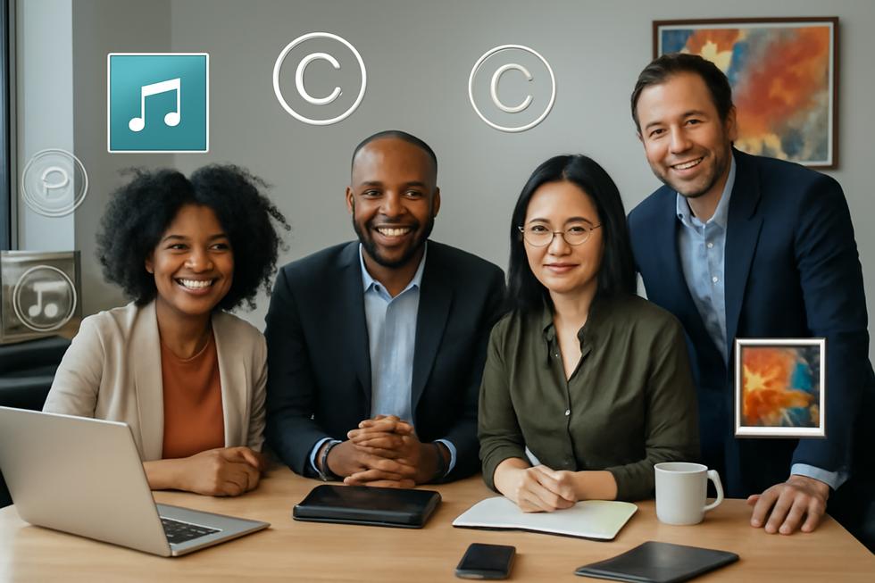 Diverse business team collaboratively working with digital devices and creative works, illustrating comprehensive copyright rights protection.