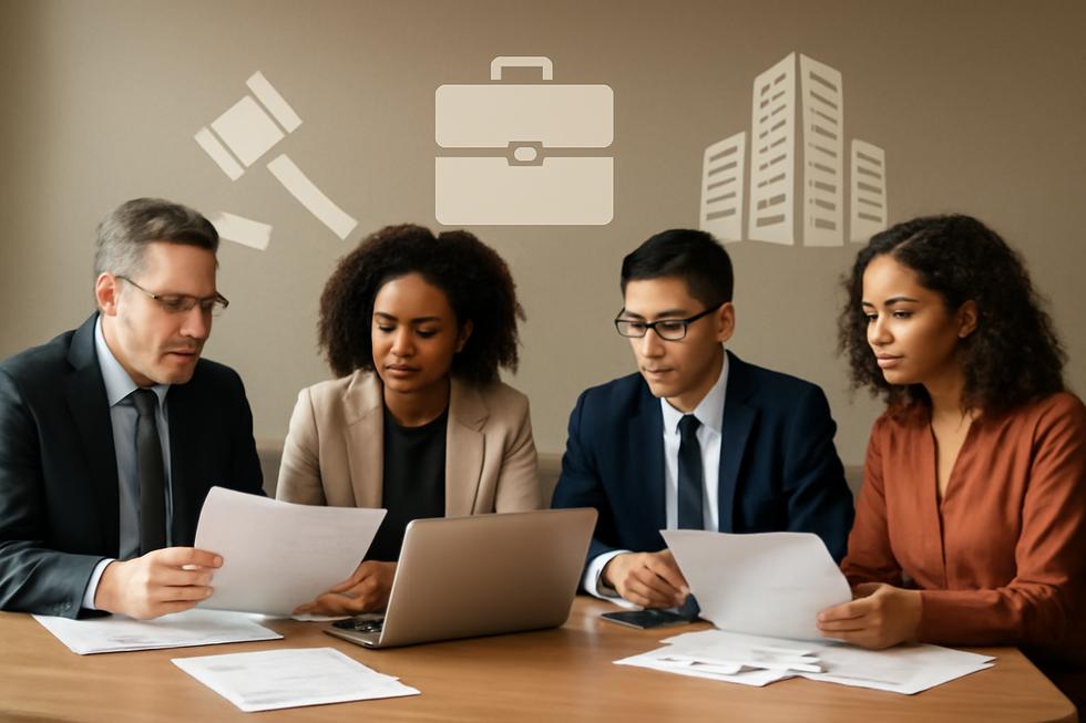Group of diverse business owners discussing documents with symbols of legal and corporate entities in the background.