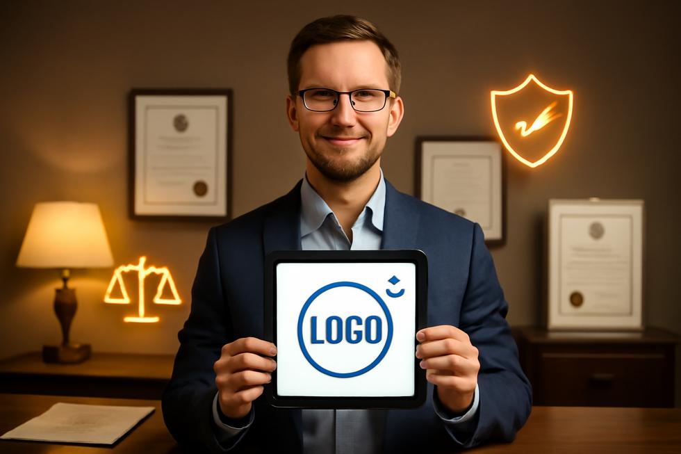 Business owner holding a tablet displaying a logo with the registered trademark symbol, surrounded by legal and brand protection imagery.
