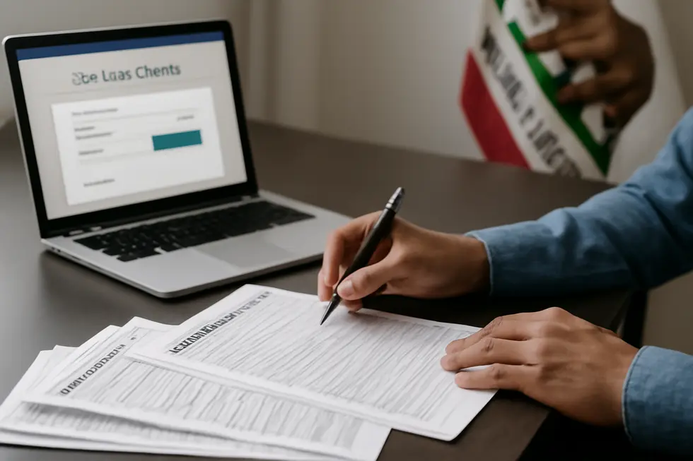 A business owner completing California Secretary of State forms for registering a unique business name.