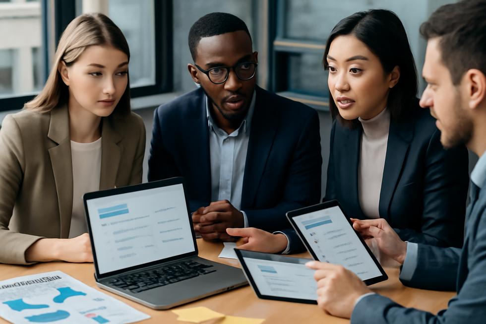 A group of business owners discussing business name selection with laptops and documents showing domain checks and legal considerations.