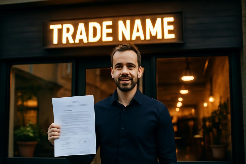 Business owner standing outside a storefront holding legal registration documents with the trade name sign prominent above.