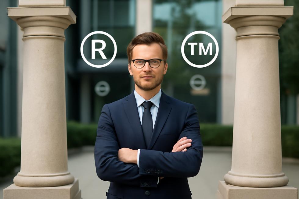 A professional business owner standing between symbols representing business name registration and brand marketing, with trademark and trade name icons.