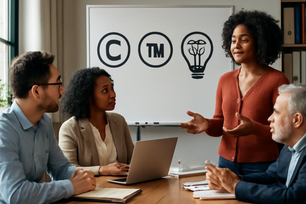 Group of business owners in a modern office reviewing intellectual property icons on a whiteboard representing copyrights, trademarks, and patents.