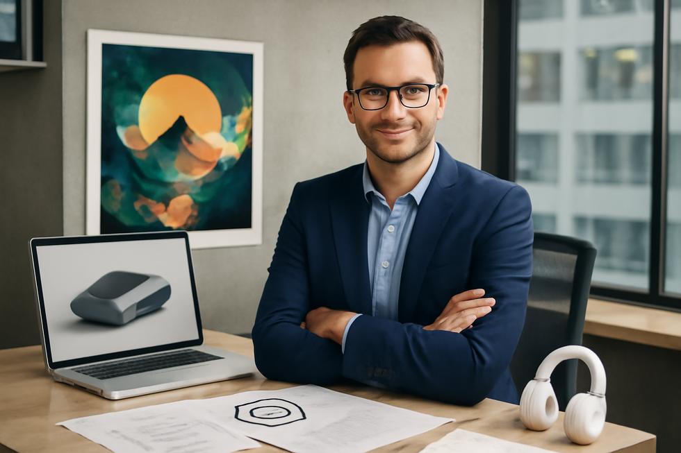 Business leader in office surrounded by creative assets representing copyright protection and business growth.