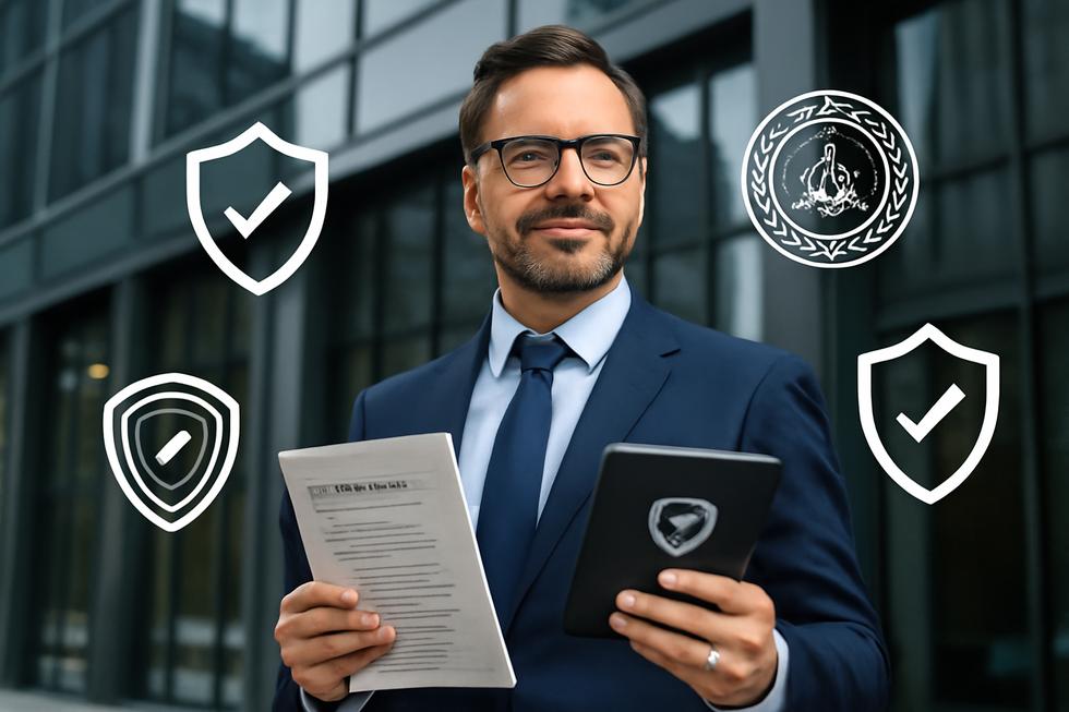 Business owner holding formation paperwork and reviewing legal compliance on a tablet in front of an office.