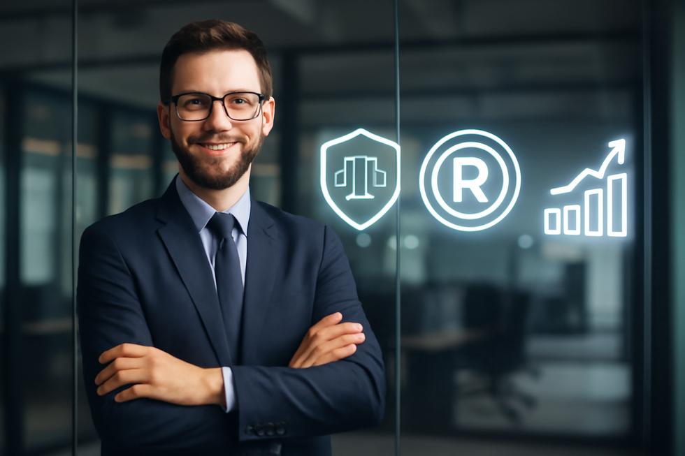Confident entrepreneur beside a digital display showing icons for legal protection, brand identity, and expansion.