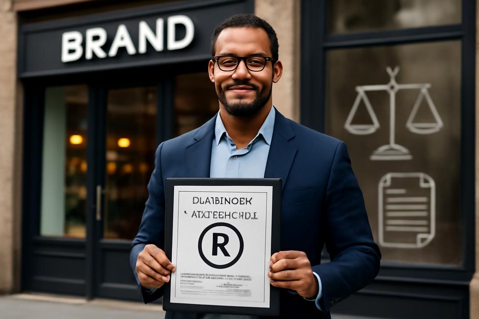 Confident business owner holding trademark certificate outside their uniquely branded store with legal symbols in the background.