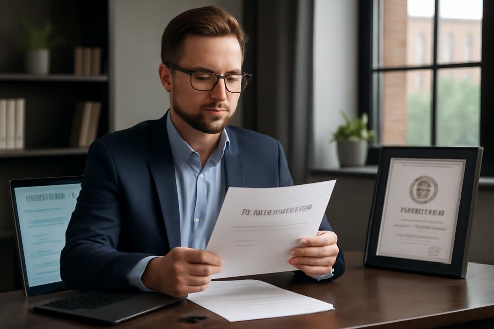 Confident business owner with brand acquisition documents, domain search screen, and trademark certificate in a modern office.