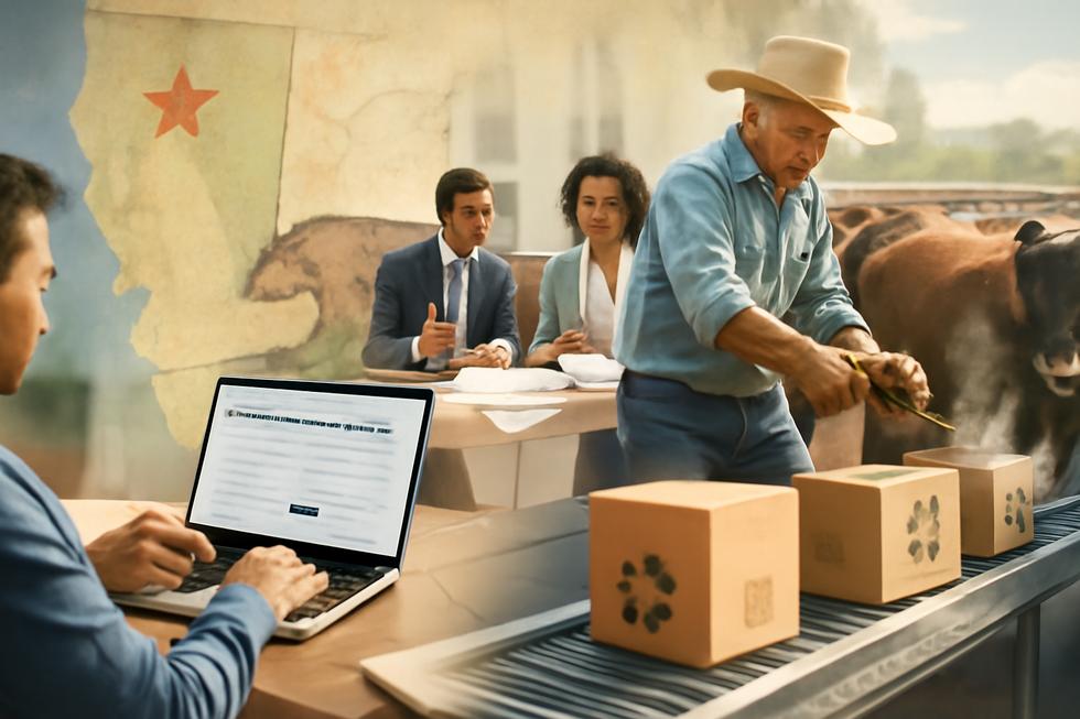 Montage of California brand registration processes including business name filing, livestock branding, franchise disclosure, and packaging producer compliance.
