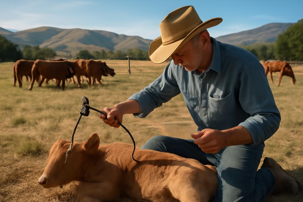 Rancher branding cattle on a sunny California ranch with registration documents visible, showcasing livestock brand protection.