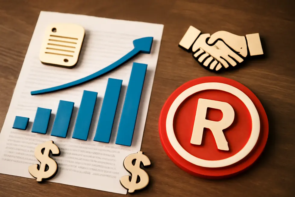 Business owner and lawyer reviewing legal protections for brand marks and trademarks.