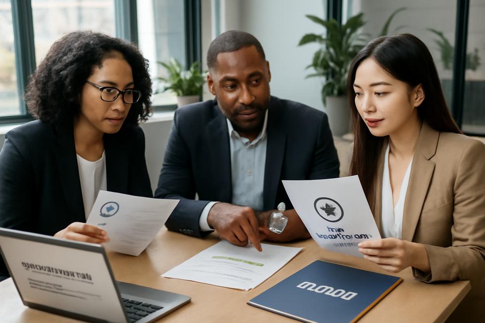 Group of diverse business owners working on trademark registration in a modern office environment.