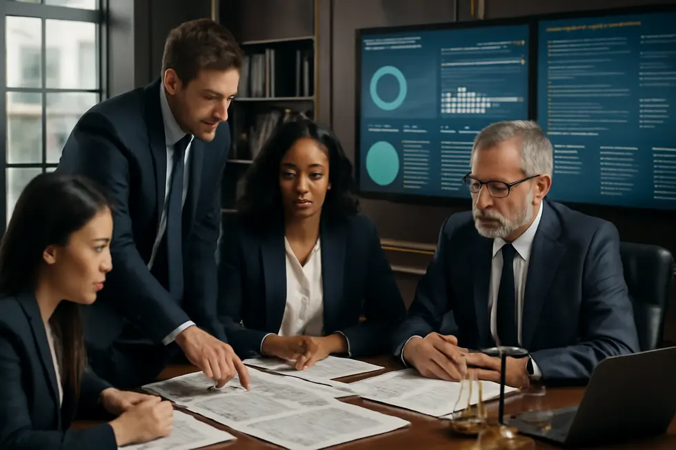 An intellectual property legal team collaborating on complex trademark portfolios and litigation strategies.
