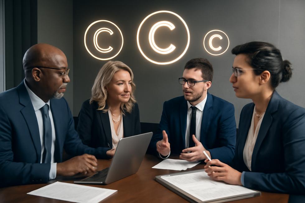 Group of diverse business professionals collaborating with digital symbols representing copyright protection.