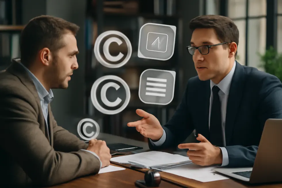Business owner consulting on copyright protection illustrating the legal aspects of an all rights reserved website.