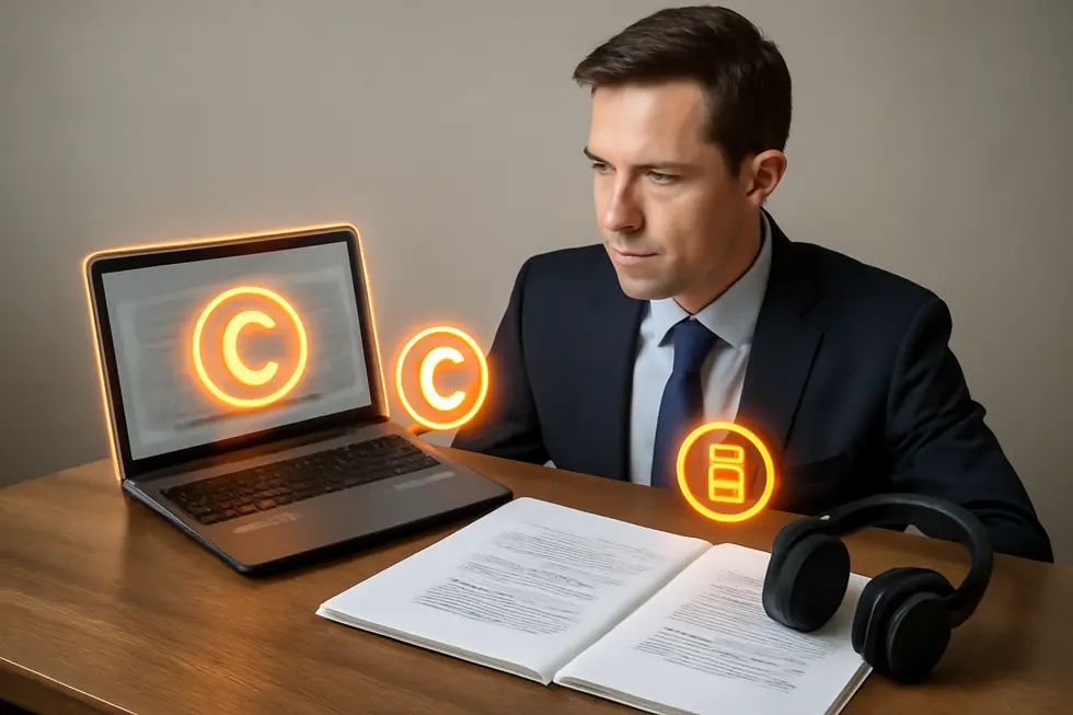 Visualizing the copyright protection of books, movies, and songs around a business professional.