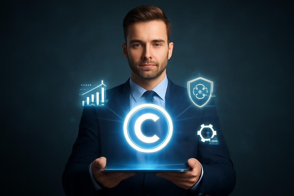 Business professional holding a digital pad with copyright symbols and icons representing legal, economic, and control benefits.