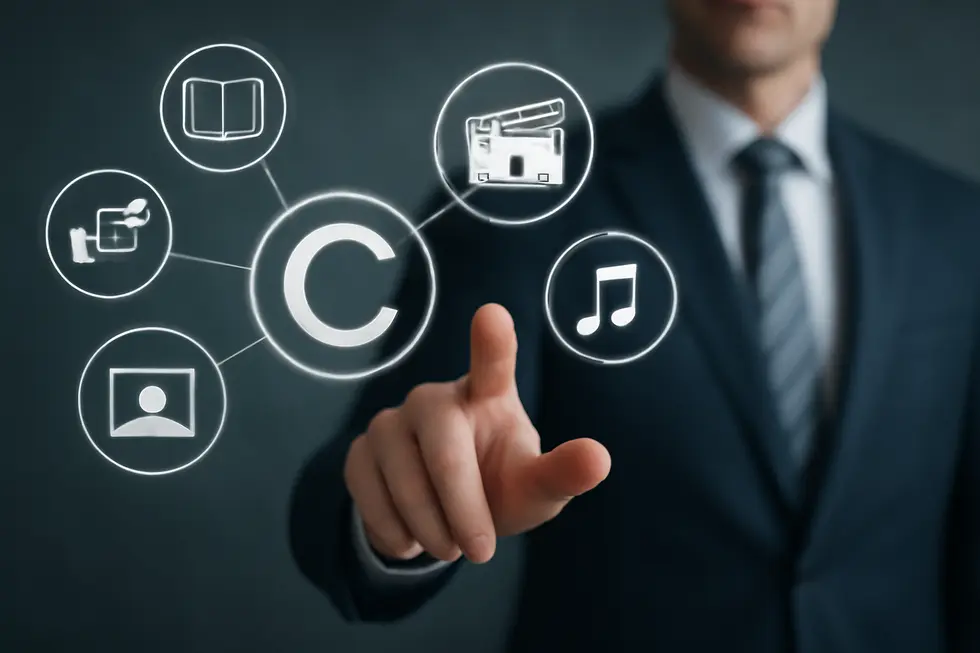 Visualizing the copyright protection of books, movies, and songs around a business professional.