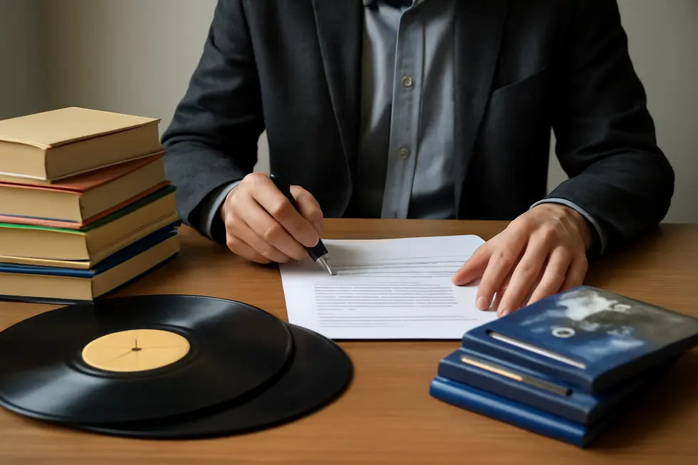 Business owner examining tangible creative works protected by copyright law.