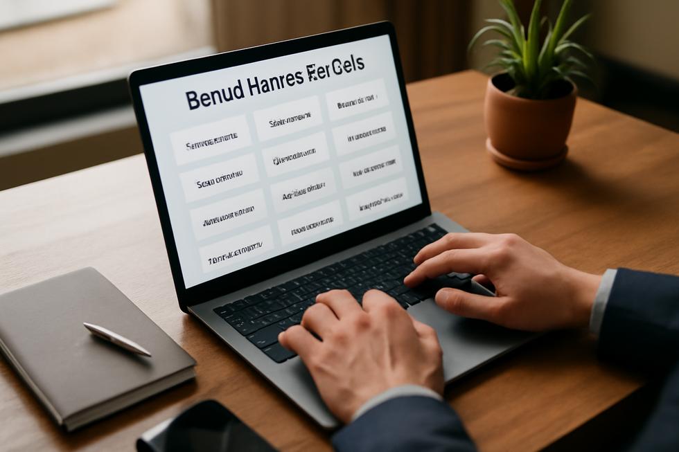 Modern office desk with laptop displaying premium brand names and domain listings, symbolizing business branding efforts.