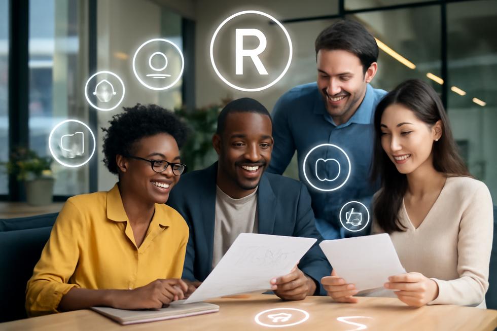 Group of business owners in an office with trademark symbols and brand logos digitally overlaid.