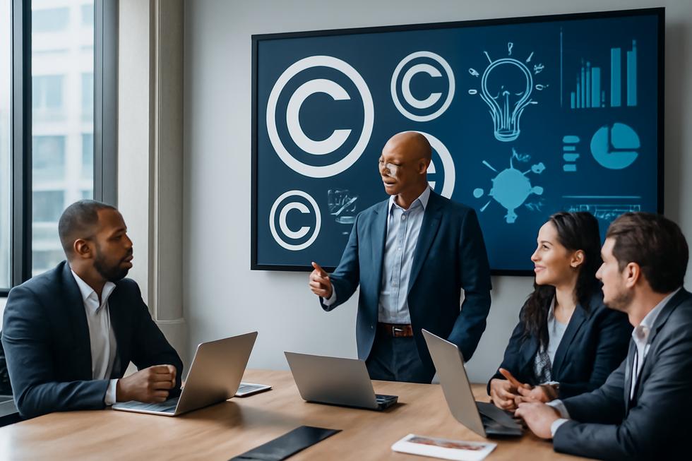 A group of business people in a modern office reviewing creative work and copyright symbols on digital screens.
