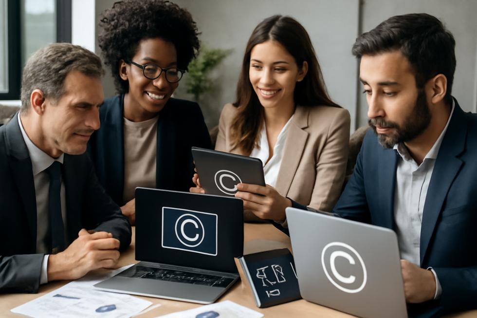 Group of business owners working together with copyright and legal symbols displayed on electronic devices.