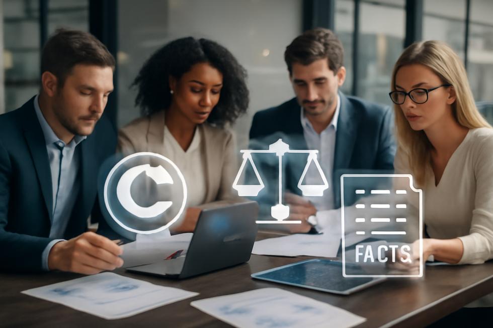 A group of business people reviewing documents and data in an office with icons representing copyright and legal concepts.