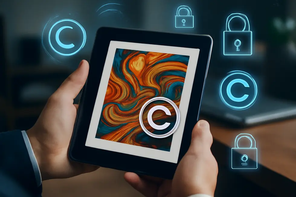 Business professionals collaborating in an office setting emphasizing the creation and protection of original works under copyright law.