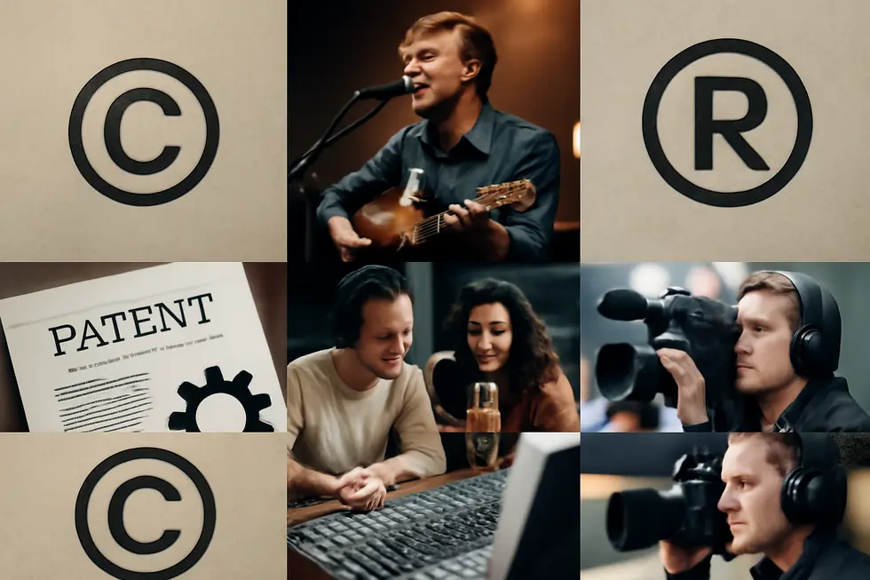 Visualizing copyright’s legal rights and scope protecting diverse creative works in a business setting.
