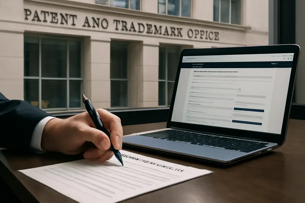 A business owner verifying and registering their brand name with the state Secretary of State office to secure local business identity.