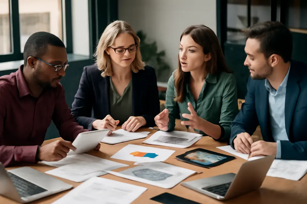 Business professionals collaborating in an office setting emphasizing the creation and protection of original works under copyright law.