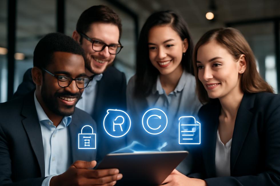 Modern office scene with professionals interacting alongside holographic icons symbolizing intellectual property categories.