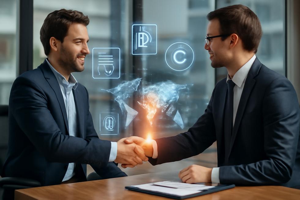 Business owner shaking hands with an intellectual property attorney with patent and trademark graphics, alongside a global map, in a modern office.